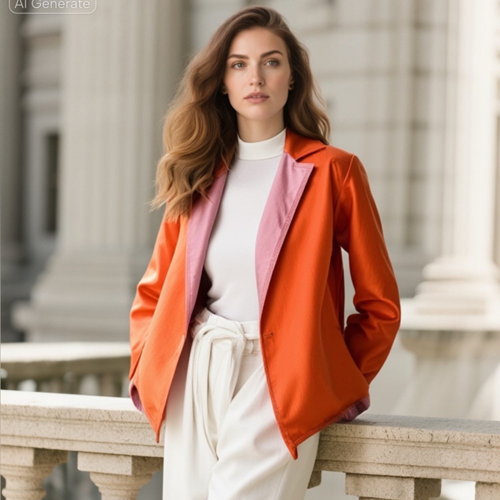 Charles Nolan New York 100% Silk Orange Pink Reversible Open Jacket Pockets Sz 2